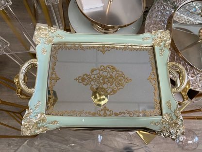 Green Rectangular Mirror Tray with Silver Trim