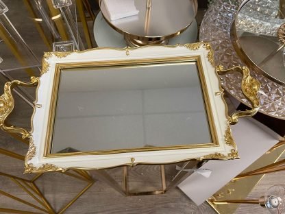 White Rectangular Mirror Tray with Gold Trim