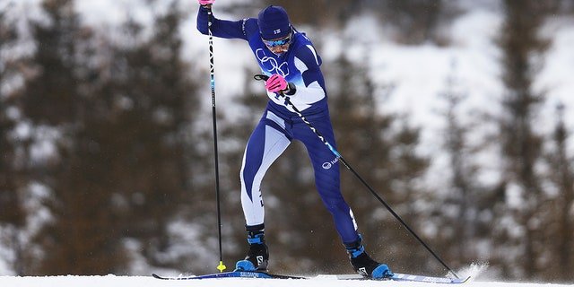 Remi Lindholm of Team Finland competes during the Men's Cross-Country Skiing 50km Mass Start Free on Day 15 of the Beijing 2022 Winter Olympics at The National Cross-Country Skiing Centre on February 19, 2022, in Zhangjiakou, China. The event distance has been shortened to 30k due to weather conditions. (Photo by Lars Baron/Getty Images)