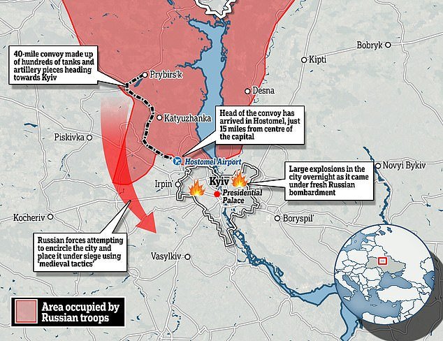 Kyiv endured another night of bombing on Monday before satellite images revealed the huge column of tanks headed for the city, with Putin's men trying to cut off the capital and bomb it into submission