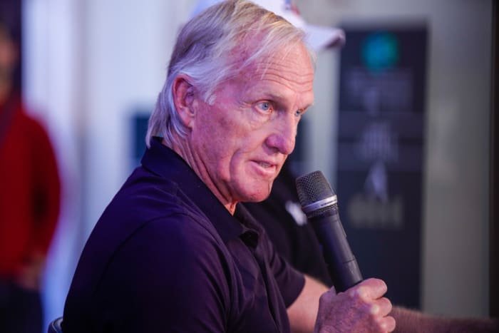 Greg Norman speaks at the 2022 Saudi International golf tournament.