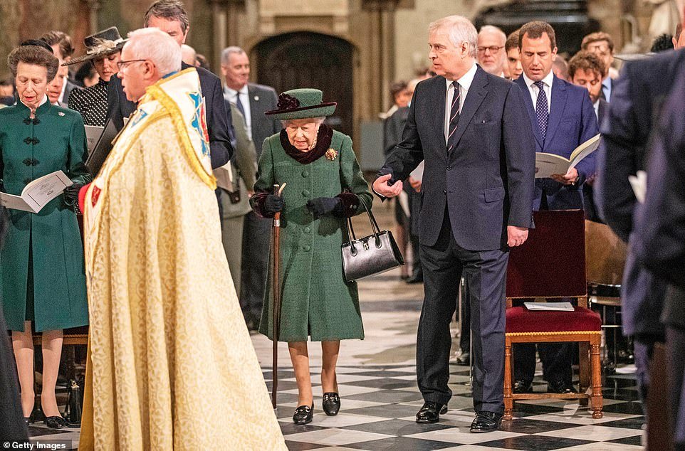 The Queen was accompanied by Prince Andrew as she attended the memorial service for the Duke of Edinburgh on March 29