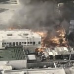 A building burns during the 1992 Los Angeles riots.