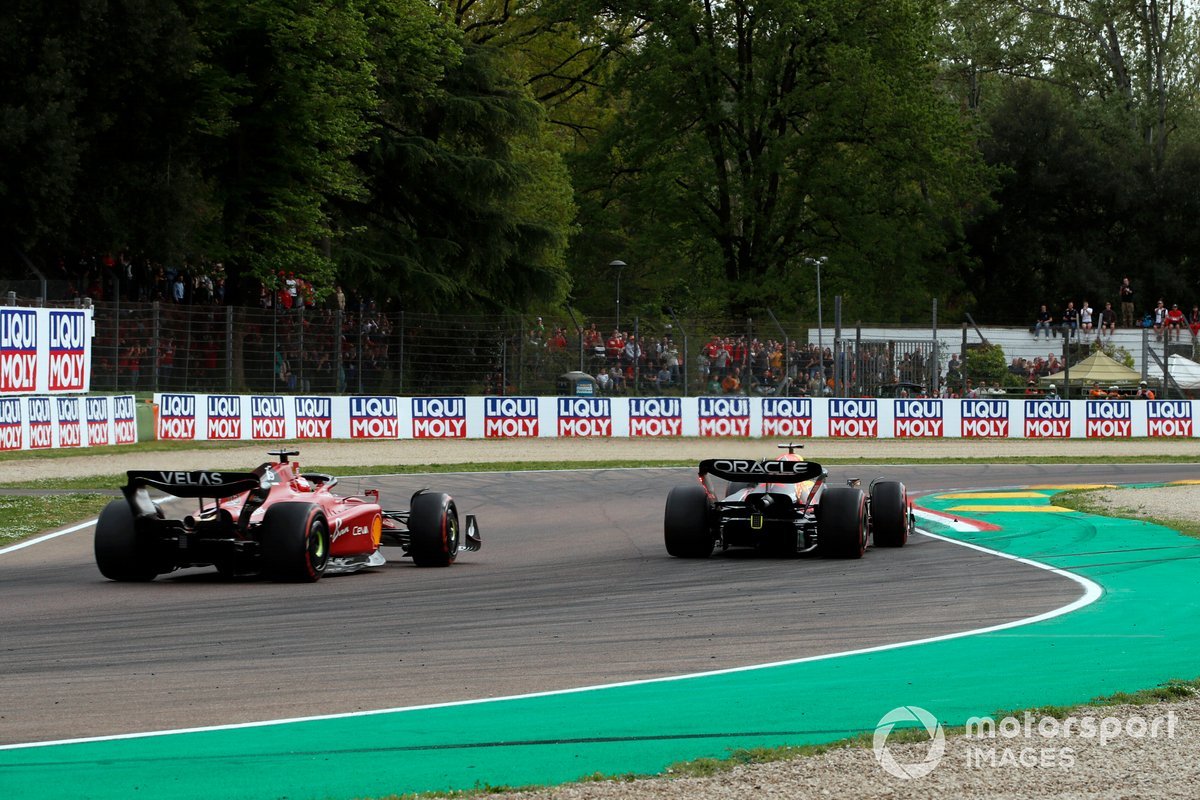 Max Verstappen passed Charles Leclerc for the lead near the end of Imola's 21-lap sprint