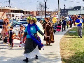 About 200 people joined the Earth Day parade Saturday, part of an event with entertainment and information by the market building in Owen Sound, Ont. Saturday, April 23, 2022. (Scott Dunn/The Sun Times/Postmedia Network)