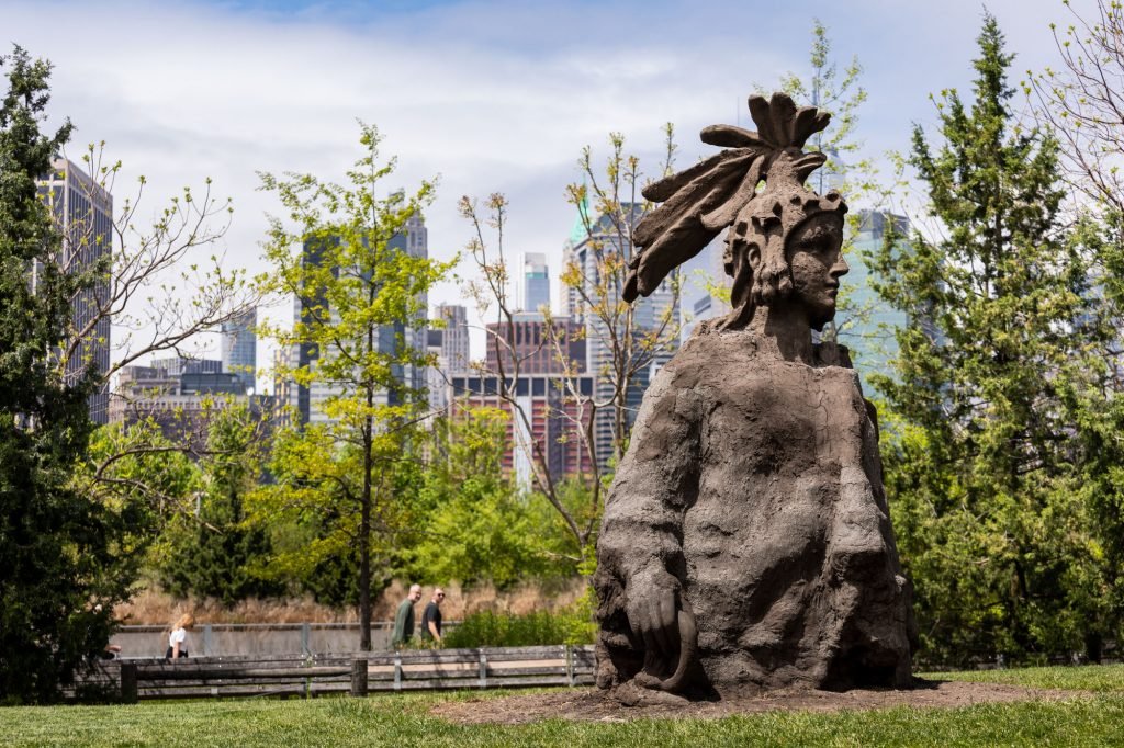 Kiyan Williams, <em>Ruins of Empire</em>, installation view in "Black Atlantic" at Brooklyn Bridge Park, New York City. Photo by Nicholas Knight, courtesy of Public Art Fund, New York.