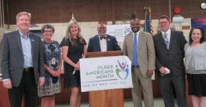 At the announcement Thursday morning at Rose Hill Community Center near New Castle (from left): Habitat for Humanity of New Castle County CEO Kevin L. Lewis, Division of Services for Aging and Adults with Physical Disabilities (DSAAPD) Chief Administrator Cynthia Mercer, DSAAPD Director Melissa Smith, state Representative Franklin Cooke, state Senator Darius Brown, DSAAPD Deputy Director Brian Bayley, and Julie P. Devlin, Executive Assistant to the DSAAPD Director.