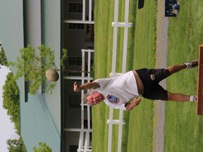 The practice stone that Lee MacKinnon says is the perfect size and shape, takes flight. Photo on Tuesday, May 24, 2022, in Maxville, Ont. Todd Hambleton/Cornwall Standard-Freeholder/Postmedia Network