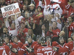 Canadian fans in Saskatoon celebrate Team Canada’s second goal during the gold medal game between Canada and the U.S.A. at the IIHF World Juniors Hockey Tournament at Credit Union Centre in Saskatoon, Saskatchewan January 5, 2010. (Gord Waldner/ Saskatoon StarPhoenix)