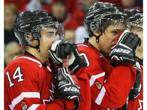 Dejected Canadian players Jordan Eberle (14),  left, and Brayden Schenn of Team Canada (10) after losing the gold medal game of the 2010 IHF World Junior Hockey Championships in Saskatoon at Credit Union Centre. Tuesday, January 05, 2010.