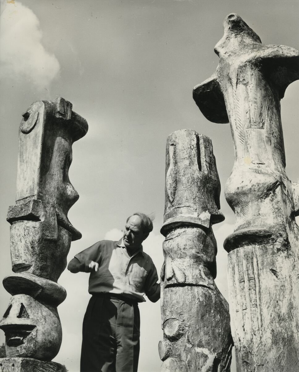 Henry Moore with three of his Upright Motives, ca. 1955