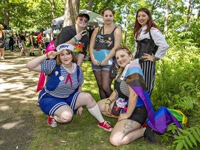 Among a large crowd attending Pride in the Park on Saturday at Mohawk Park in Brantford were (front row, from left) Madison Wintemute and Abrianna Money; and (back row) Charlie Taylor, Josephine Hutchings, and Erica Nichol.