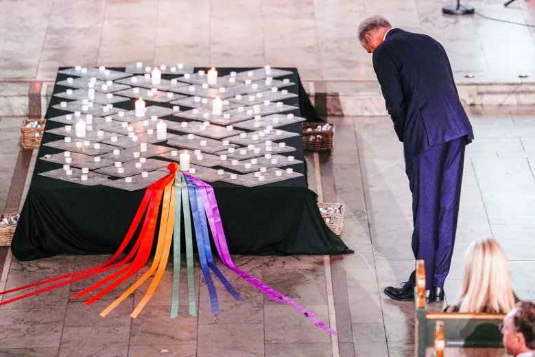 Prime Minister Jonas Gahr Store pays respect during a service in Oslo Cathedral, Oslo, Sunday June 26, 2022, after an attack in Oslo on Saturday. A gunman opened fire in Osloâ€™s nightlife district early Saturday, killing two people and leaving more than 20 wounded in what the Norwegian security service called an "Islamist terror act" during the capitalâ€™s annual LGBTQ Pride festival.