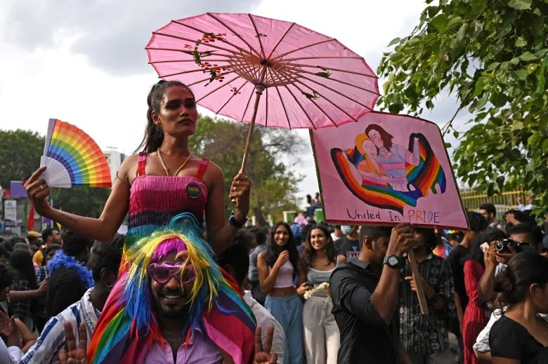 Activists and supporters of LGBTQ community walk a pride parade in Chennai on June 26, 2022. (Photo by Arun SANKAR / AFP) (Photo by ARUN SANKAR/AFP via Getty Images)