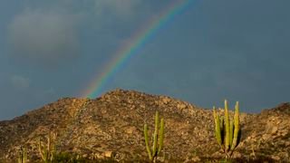 A rainbow over a desert landscape