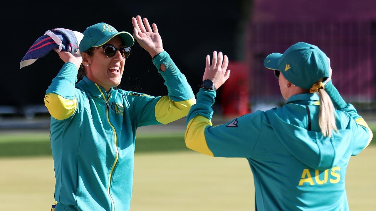 Ellen Ryan and Kristina Krstic of Team Australia react during Women's Pairs - Gold Medal Match. (Photo by Stephen Pond/Getty Images)